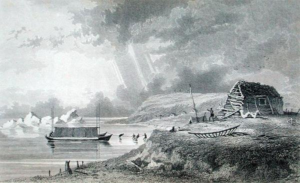 Eskimaux Winter House på Atkinson Island, 13 juli, från "Narrative of a Second Expedition to the Shores of the Polar Sea in the Years 1825-27", av Sir John Franklin (1786-1847) graverad av Edward Finden (1791-1857) publicerad 1828 (gravyr) av E.N. (after) Kendall