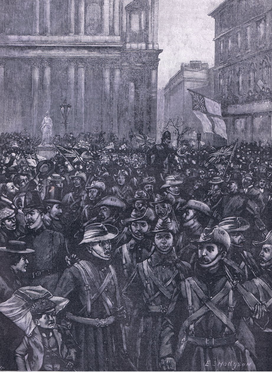 CIV:arna som marscherar nerför Ludgate Hill, på väg till Mansion House till Waterloo Station, illustration från Cassells History of England, 1900-talet av E.S. Hodgson