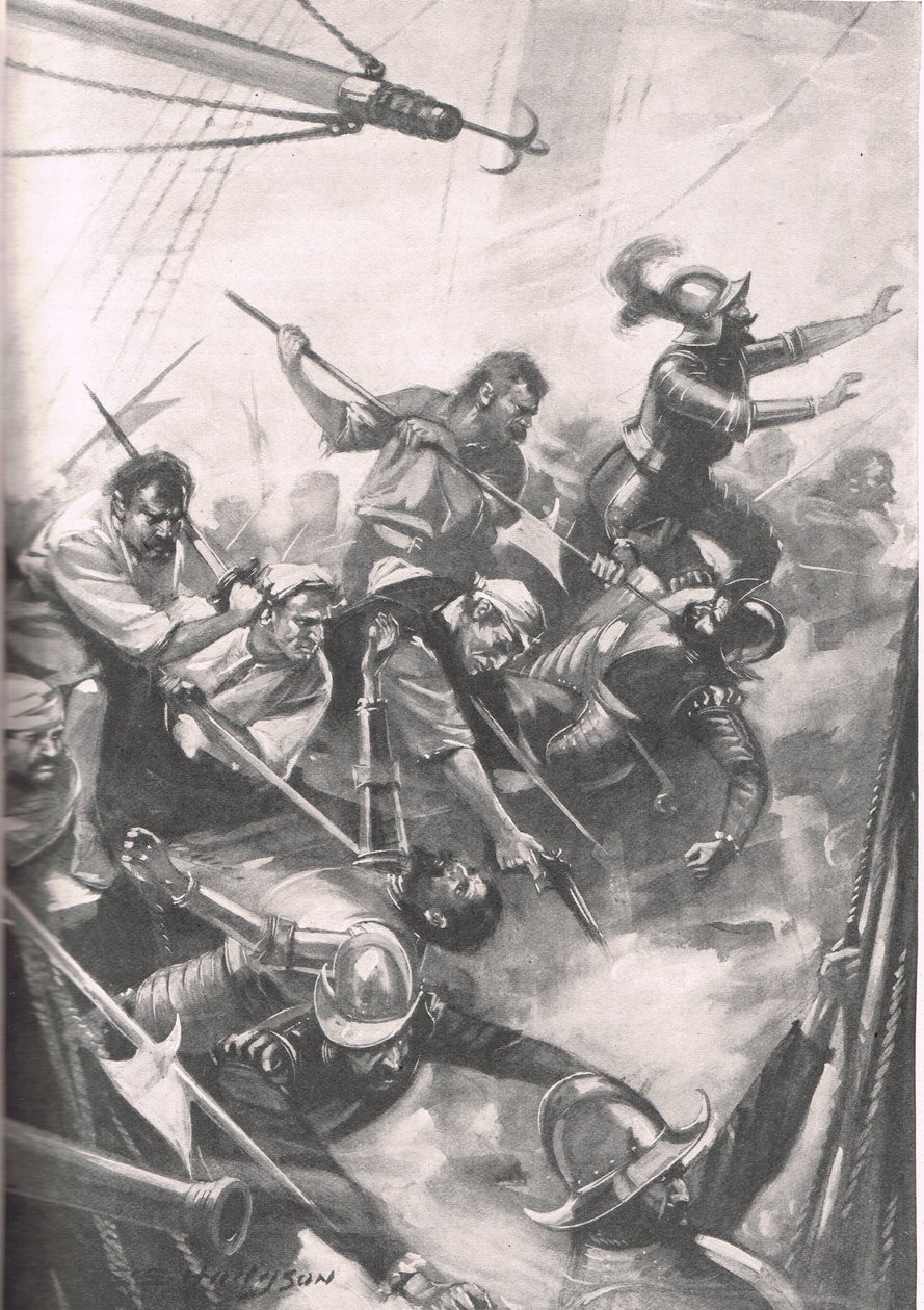 Engelsmännen mot spanjorerna vid San Juan de Ulua, illustration från "British Battles on Land and Sea", utgiven av Cassell, London, omkring 1915. av E.S. Hodgson