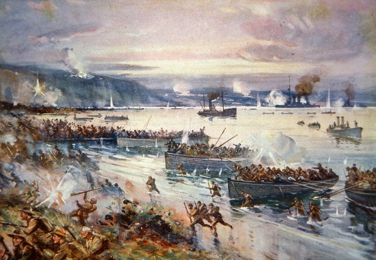 The Landing of the Australians at Gallipoli, april 1915 (färg litho) av E.S. Hodgson
