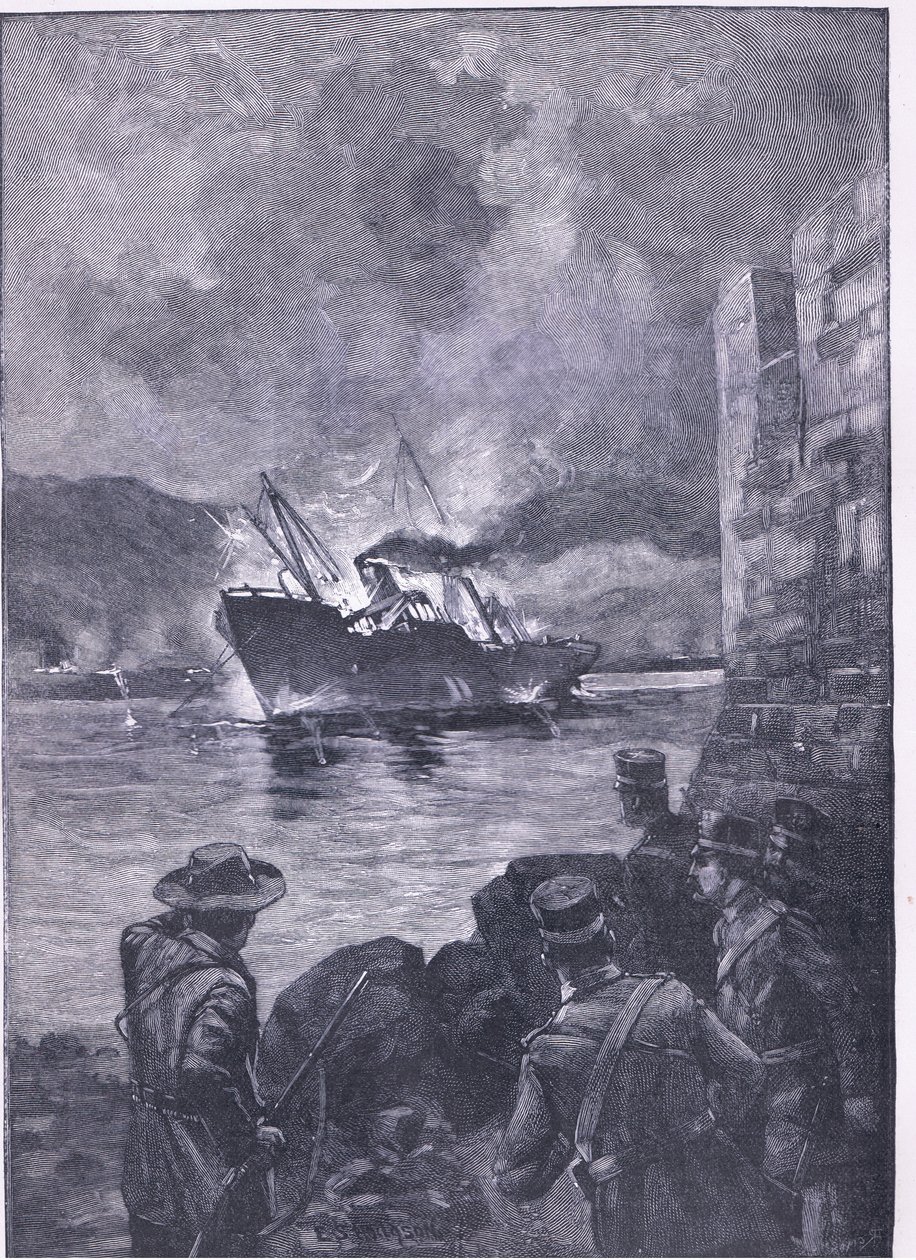 The Spanish American War: The sinking of the Merrimac, illustration från Cassells History of England, 1900-talet av E.S. Hodgson