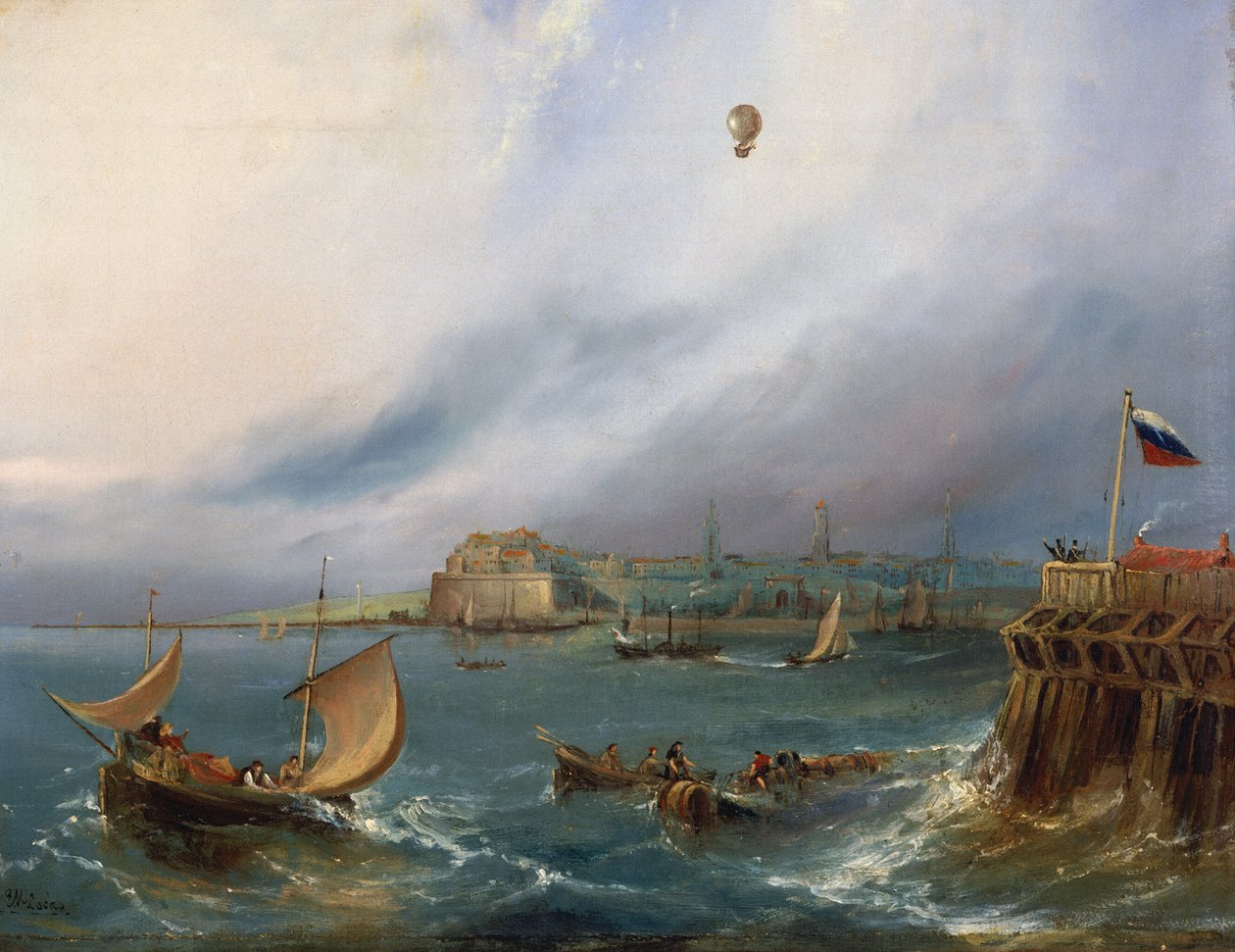 Den första ballongöverfarten av Engelska kanalen, 7 januari 1785, ca 1840 av E.W. Cocks