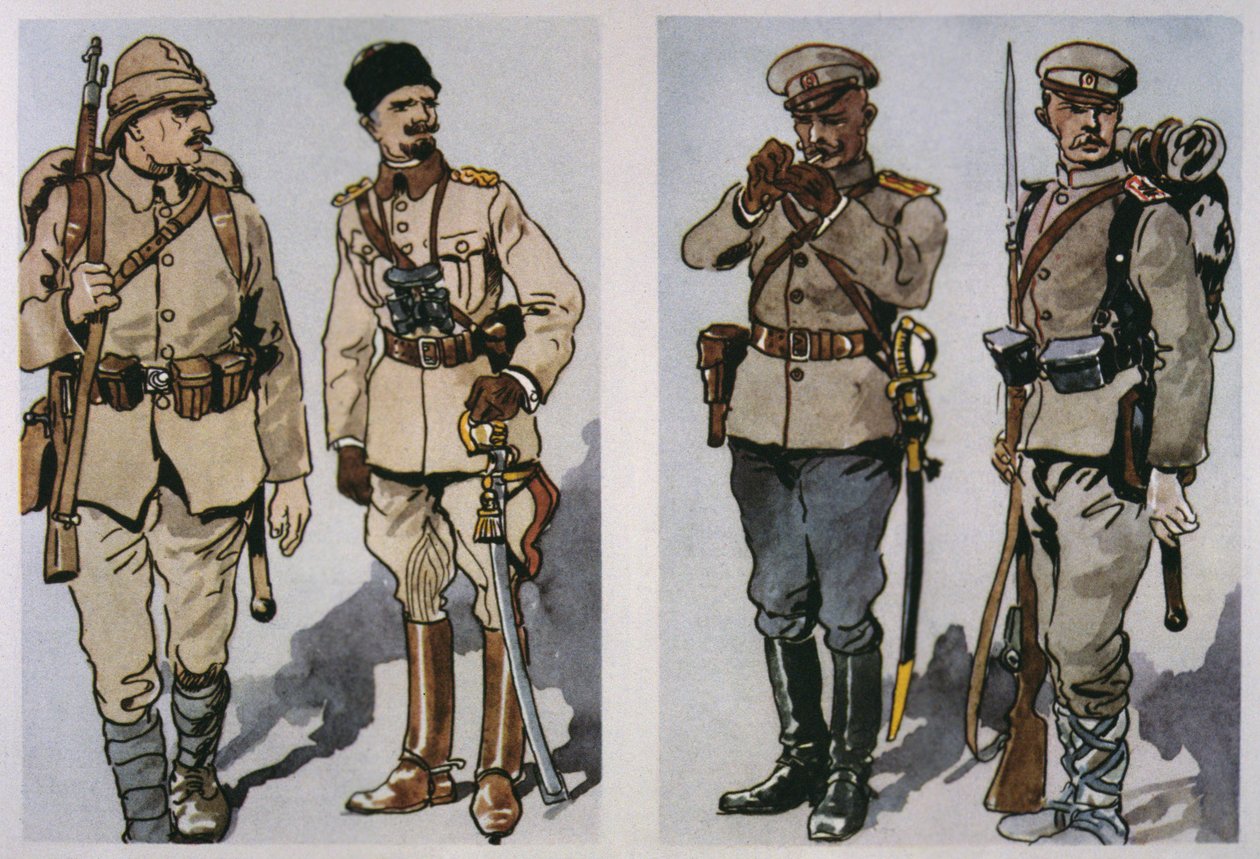 Turkisk infanterist och officer (vänster) och bulgarisk infanteriofficer och fotsoldat från 1917 (höger) av 1917 (färg litho) av E. (after) Dobrich