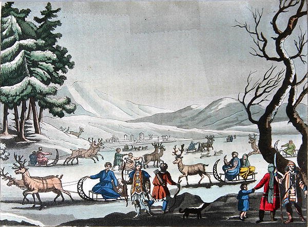 Tungus som lämnar sitt vinterläger på slädar dragna av renar, ca 1820 (färgstick) av E. (after) Karnejeff