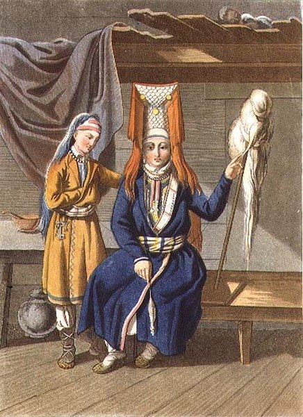 Votyak Women Spinning, graverad av Jegor Skotnikoff (1782-1843) (litho) av E. (after) Karnejeff