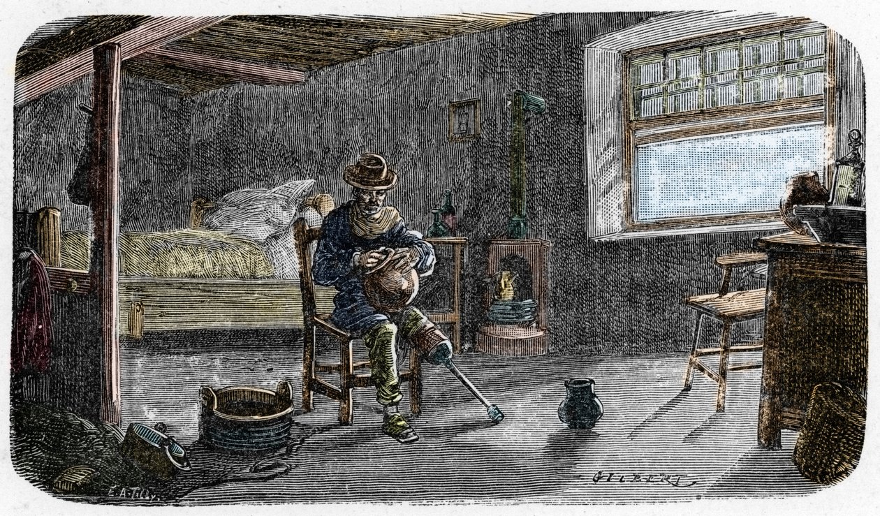 Porträtt av den unge Josiah Wedgwood med ett permanent försvagat knä kvar av en liten låda som lär sig att bli en skicklig keramiker. av E. A. Tilly