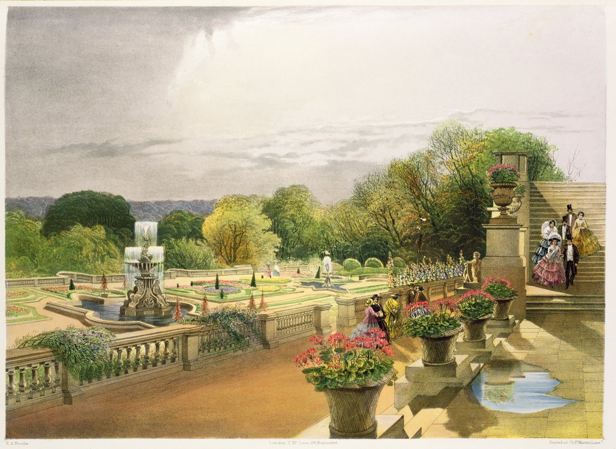 The Parterre, Harewood House nära Leeds, pub. av Thomas McLean av E. Adveno Brooke