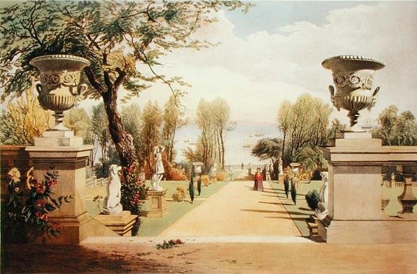 View in the Gardens, Westfield House, Isle of Wight, från "Gardens of England", publicerad 1857 (chromolitho) av E. Adveno Brooke