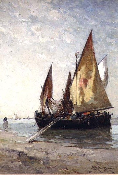 Fiskebåtar förtöjda på stranden av E. Aubrey Hunt