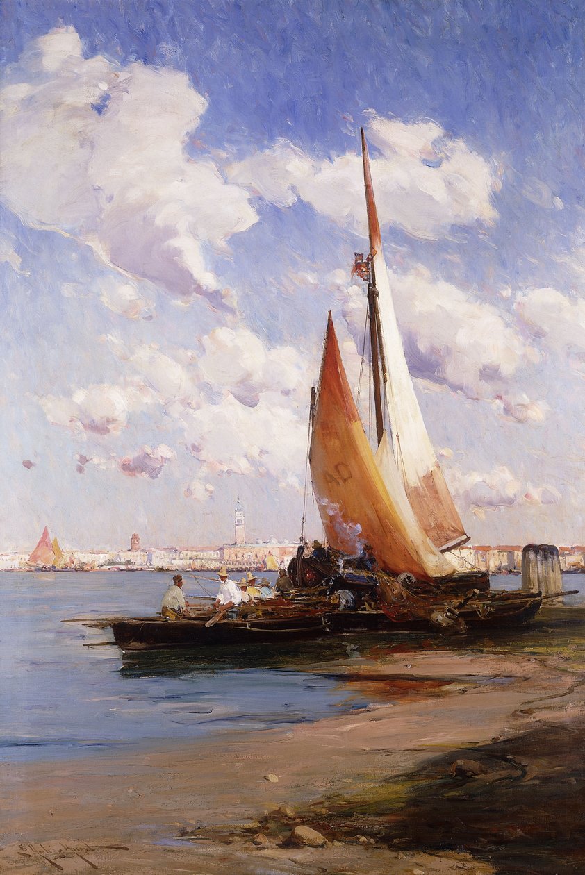 Fiske hantverk med Rivere degli Schiavoni, Venedig, bortom, av E. Aubrey Hunt