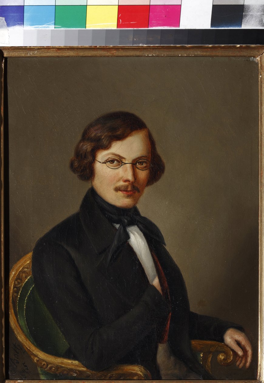 Porträtt av författaren Nikolai Gogol (1809-1852) par Boltz, E. (aktiv i mitten av 1800-talet). Olja på duk av E. Boltz
