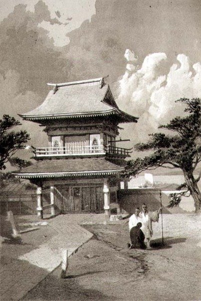 Ingång till ett tempel i Hakotadi, pub. av Sarony & Co., ca 1856 (litho) av E. Brown