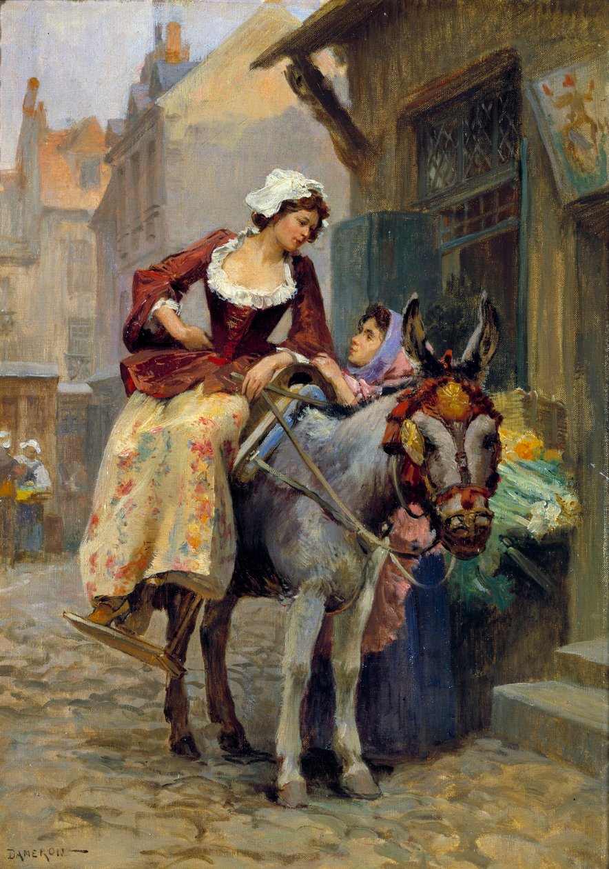 Den lilla åsnan. En kvinna som rider en amazon på en åsna, fötterna i ett passande spår. Målning av E. Dameron (1700-talet) Privat samling av E. Dameron