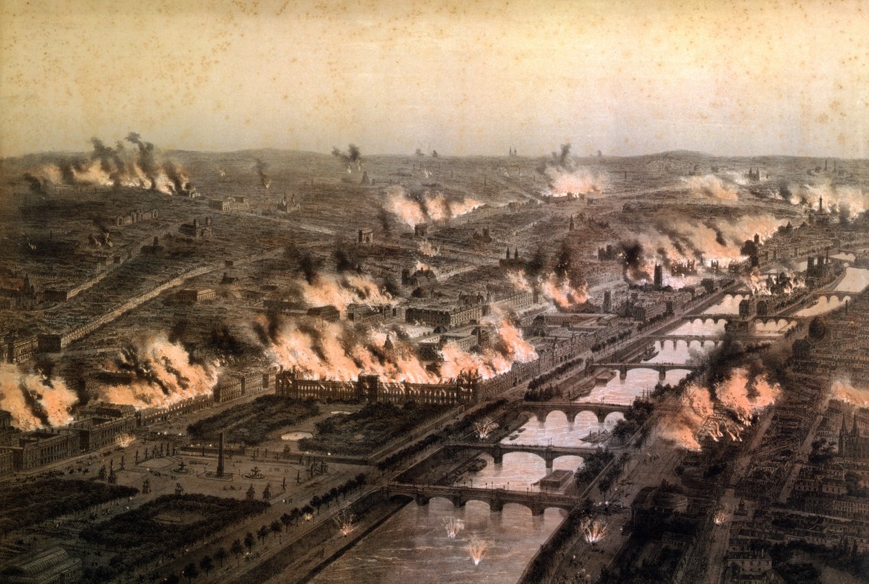 Panorama över bränderna i Paris under kommunen, maj 1871 av E. Daroy