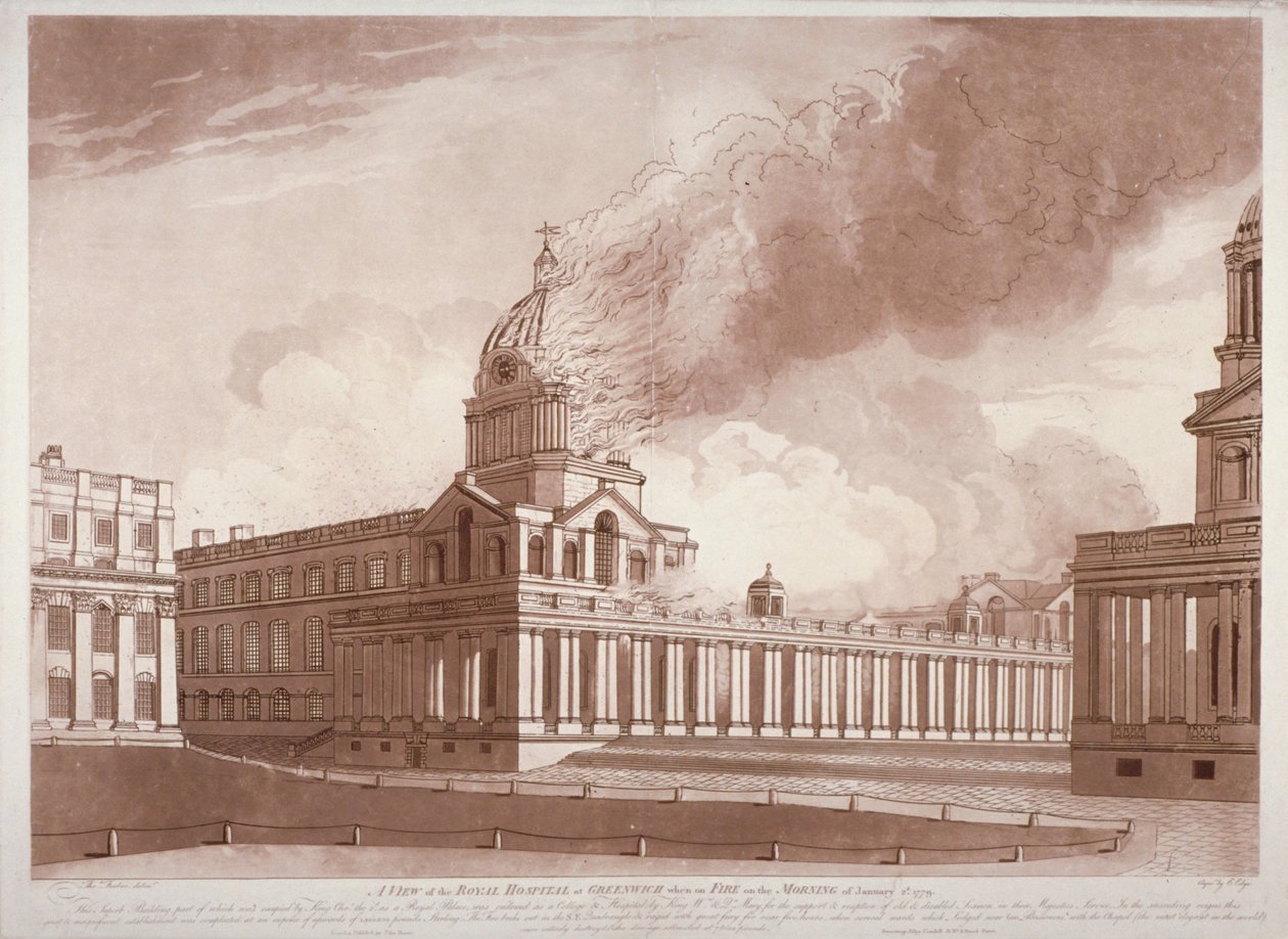Utsikt över branden på Greenwich Hospital, London, på morgonen den 2 januari 1779 av E Edye