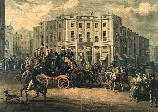 "The Age" Brighton Coach vid Bull and Mouth, Regent Circus (gravyr) av E. F. Lambert