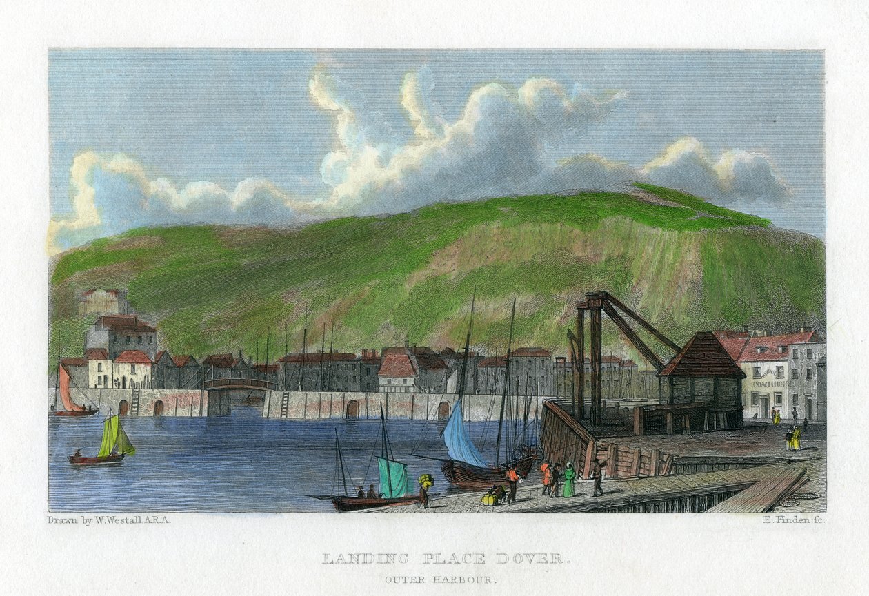 Landningsplats, yttre hamn, Dover, Kent, 1800-talet. av E. Finden