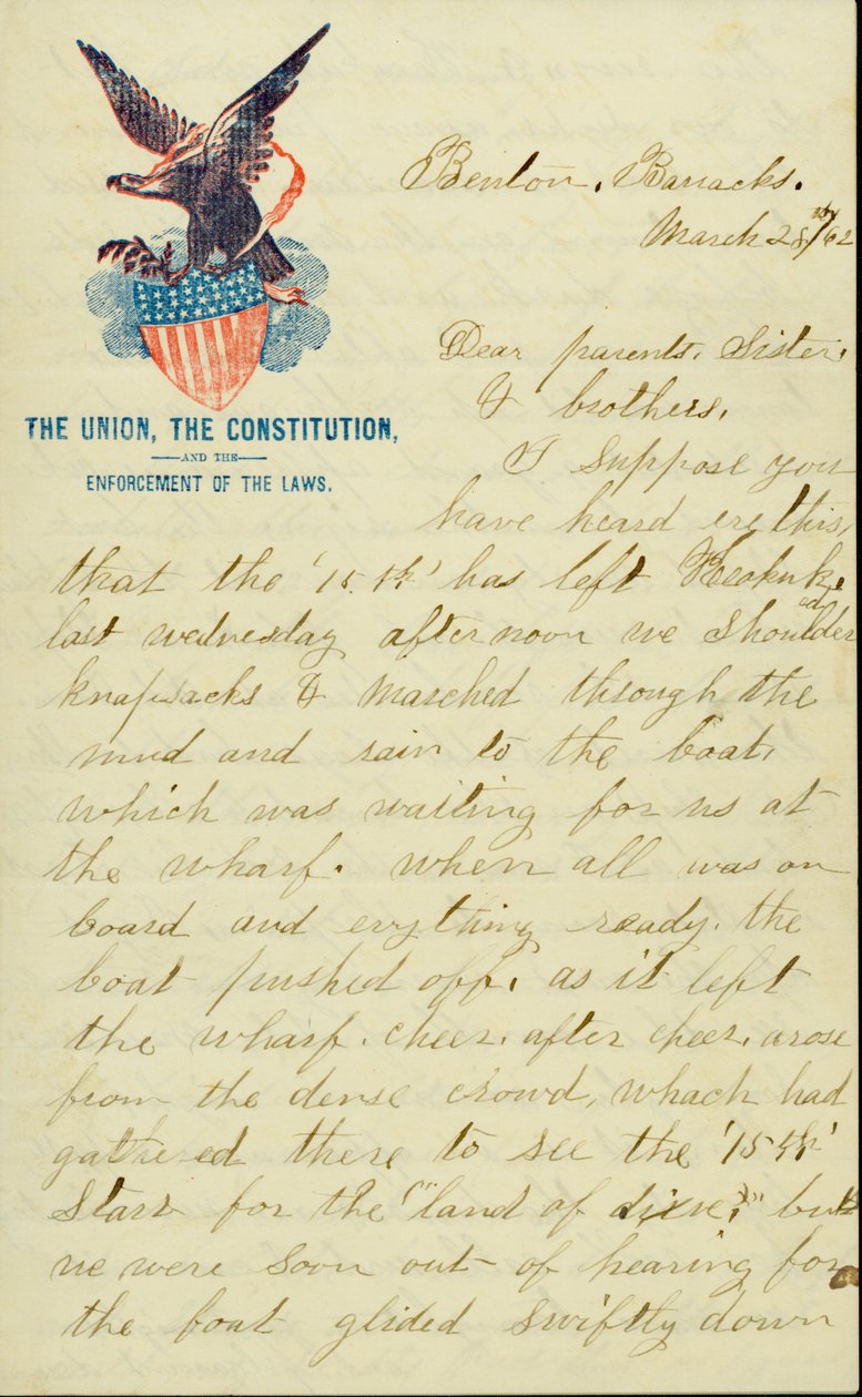 Letter signed E.G. Black, Benton Barracks, Mo., to his parents, sister, and brothers, March 28, 1862 av E. G. Black
