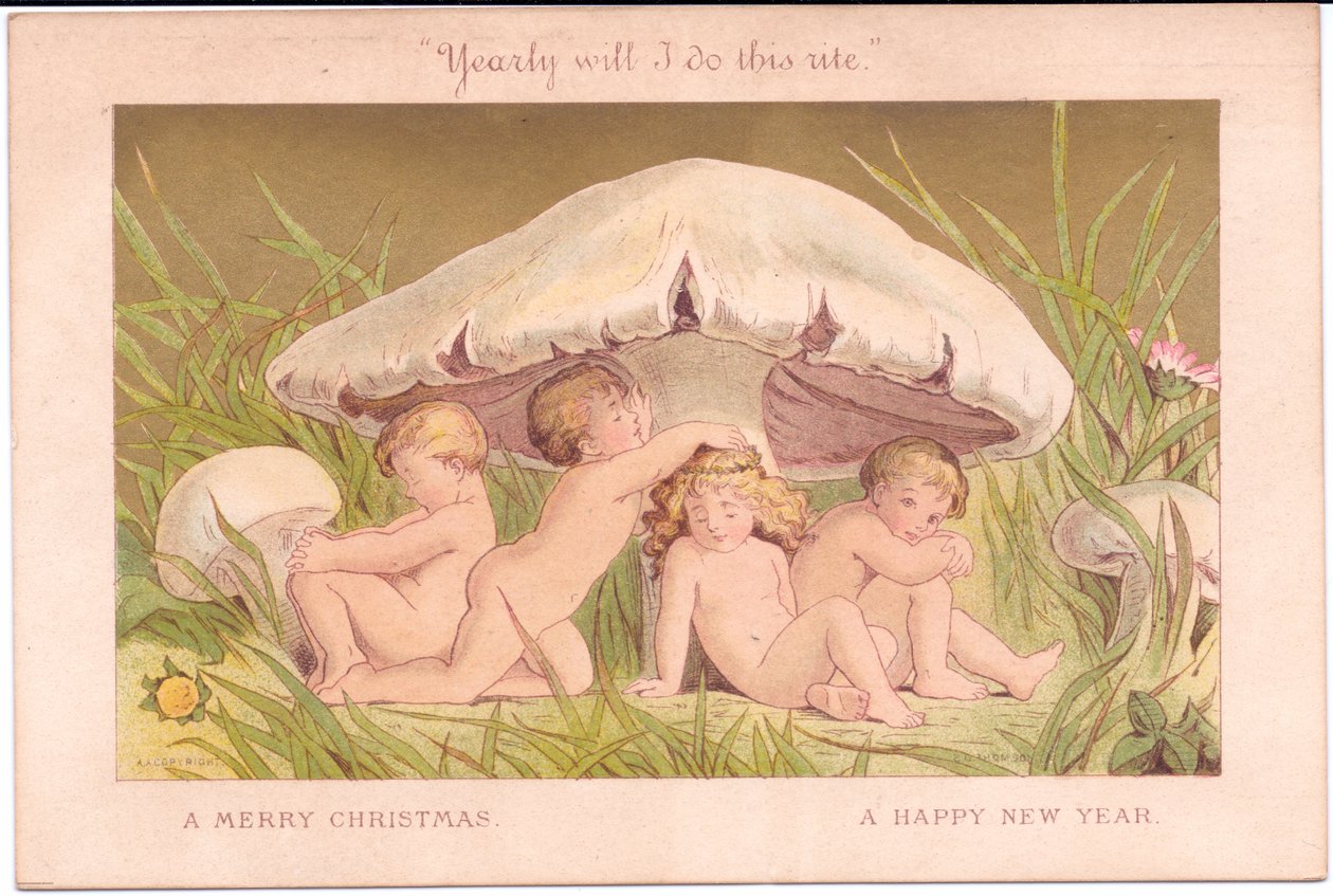 Ett viktorianskt jul- och nyårskort av en grupp älvabarn som kopplar av under en svamp, allt mot en guldbakgrund, av Gertrude Thompson, c.1895 (färg litho) av E. Gertrude Thompson