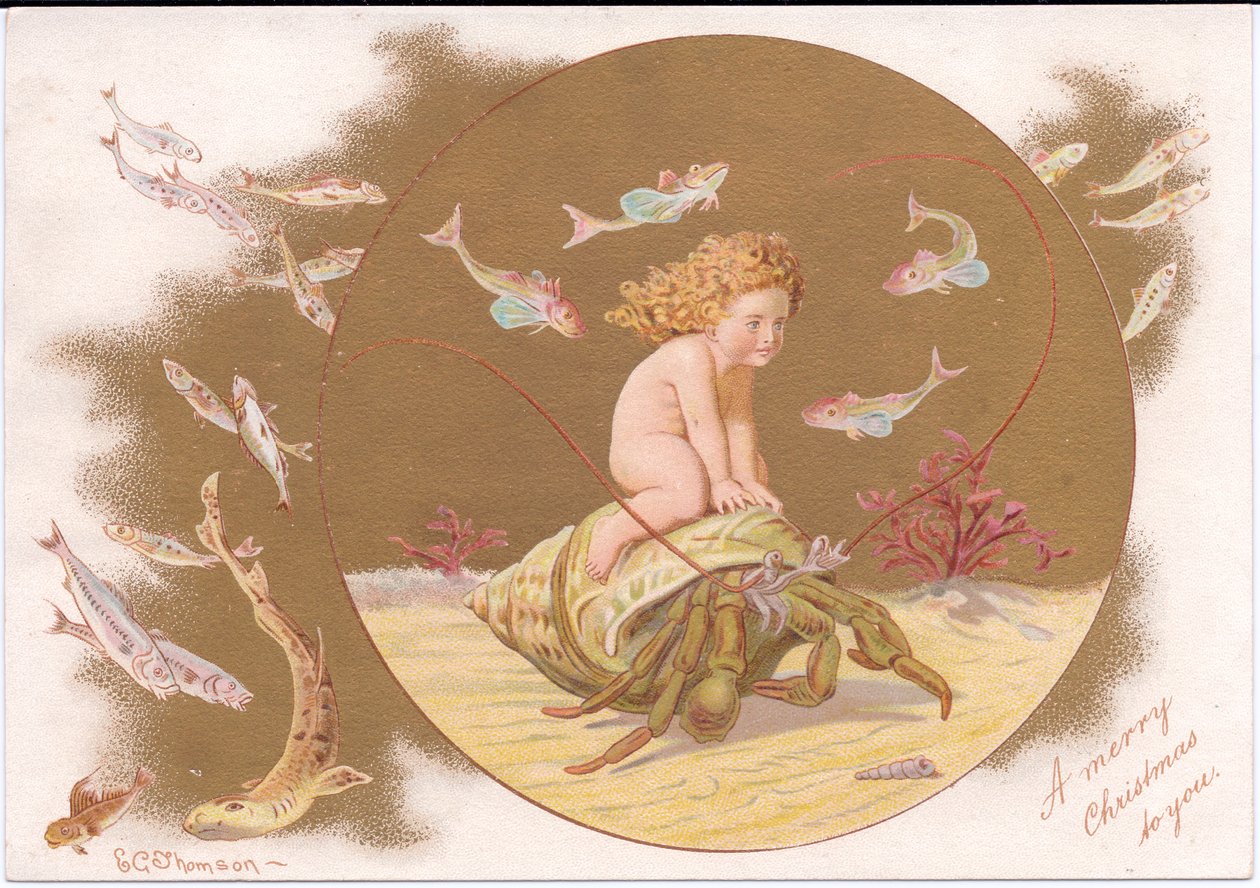 Ett viktorianskt julkort av en eremitkrabba i ett skal som rids av en vattenkropp omgiven av ett fiskstim, av Gertrude Thompson, c.1895 (färg litho) av E. Gertrude Thompson