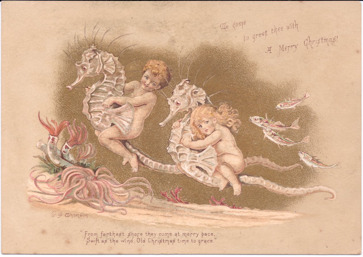 Ett viktorianskt julkort med två vattenbebisar som rider på en sjöhäst med havsanemoner och ett fiskstim, av Gertude Thompson, ca 1895 (färg litho) av E. Gertrude Thompson