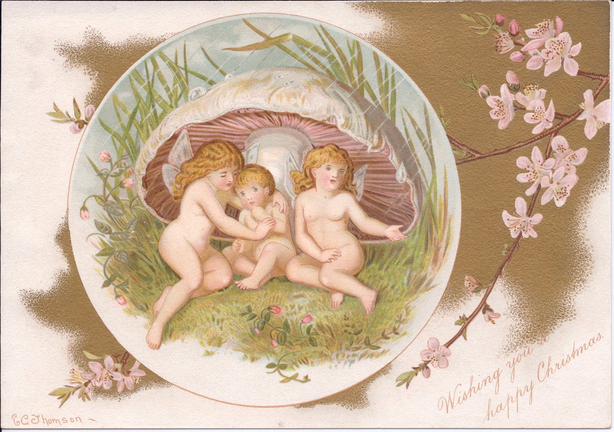 En viktoriansk jul för en grupp älvor som tar skydd från regnet under en padda, av Gertrude Thompson, ca 1895 (färg litho) av E. Gertrude Thompson