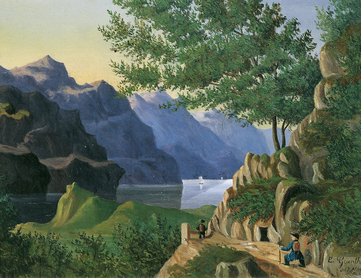 Bergsjö med vandrare av E. Guenther