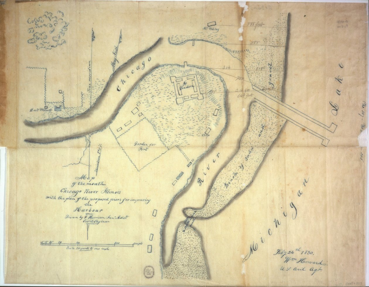 Karta över mynningen av Chicago River, Illinois med planen för de föreslagna bryggorna för att förbättra hamnen, 1830 av E. Harrison