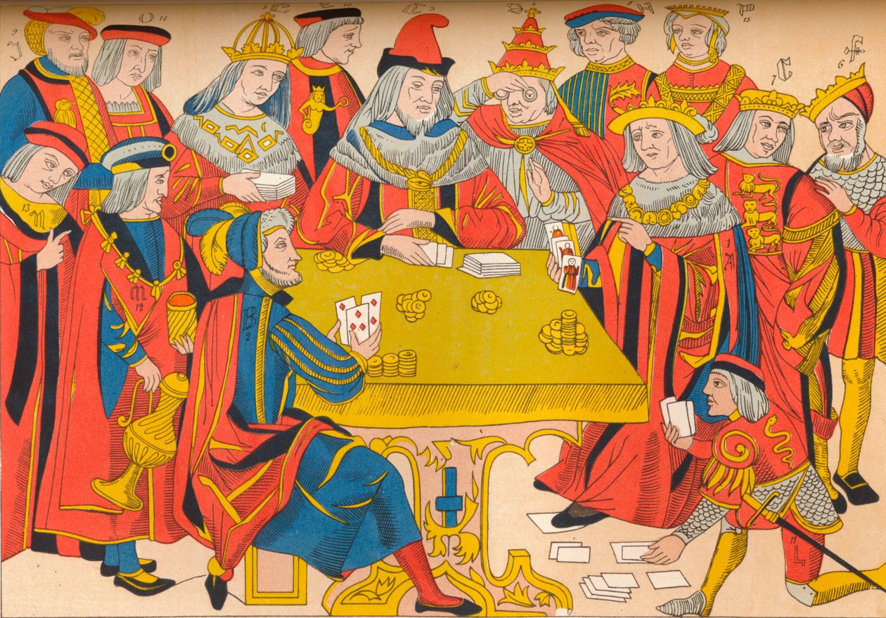 Kungar och adelsmän som spelar kort, 1400-talet, 1849. av E. Hauger
