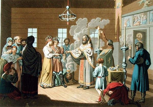 Det ryska äktenskapet, graverat av X. Wagner (färg litho) av E. Karnejeff