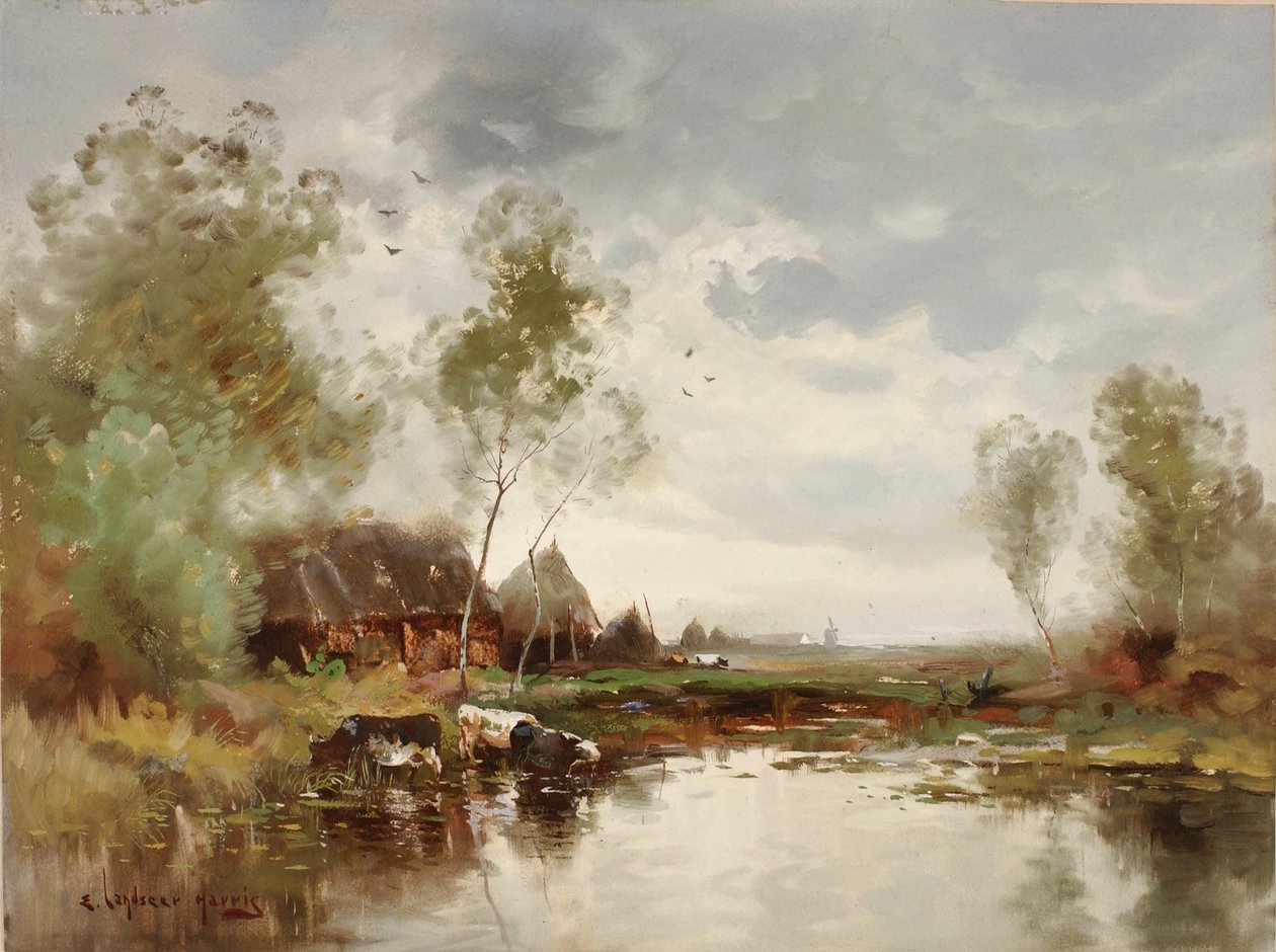 Landskap med väderkvarn av E. Landseer Harris