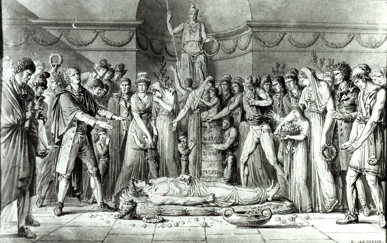 Jean Paul Marats begravning (1743-93) i kapellet i Club des Cordeliers, 16 juli 1793, ca 1793 (penna och bläck på papper) (bw foto) av E. Le Sueur