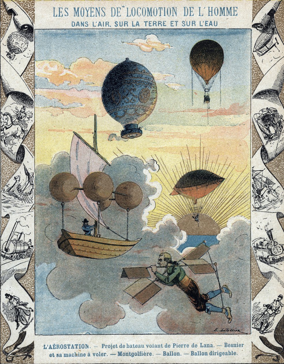 Aerostation - Flygbåtsprojekt av Pierre de Lana - Flygande flygplan från Besnier (1678) - Ballong - Ballong - Luftskeppsballong - illustration av E Letellier - Skydda historisk anteckningsbok, slutet av 1800-talet av E. Letellier