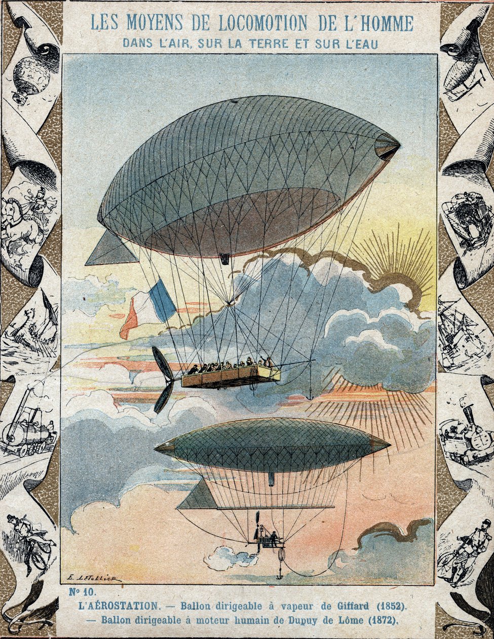 Luftskepp uppfann av Henri Giffard 1852 och navigerbart luftskepp uppfann av Dupuy de Lome 1872 - Från en skyddshylsa för skolböcker, sent 1800-tal - Luftskepp av Henry Giffard (1825 - 1882) 1852 et le ballon haubanne av Henri Dupuy de Lome av E. Letellier