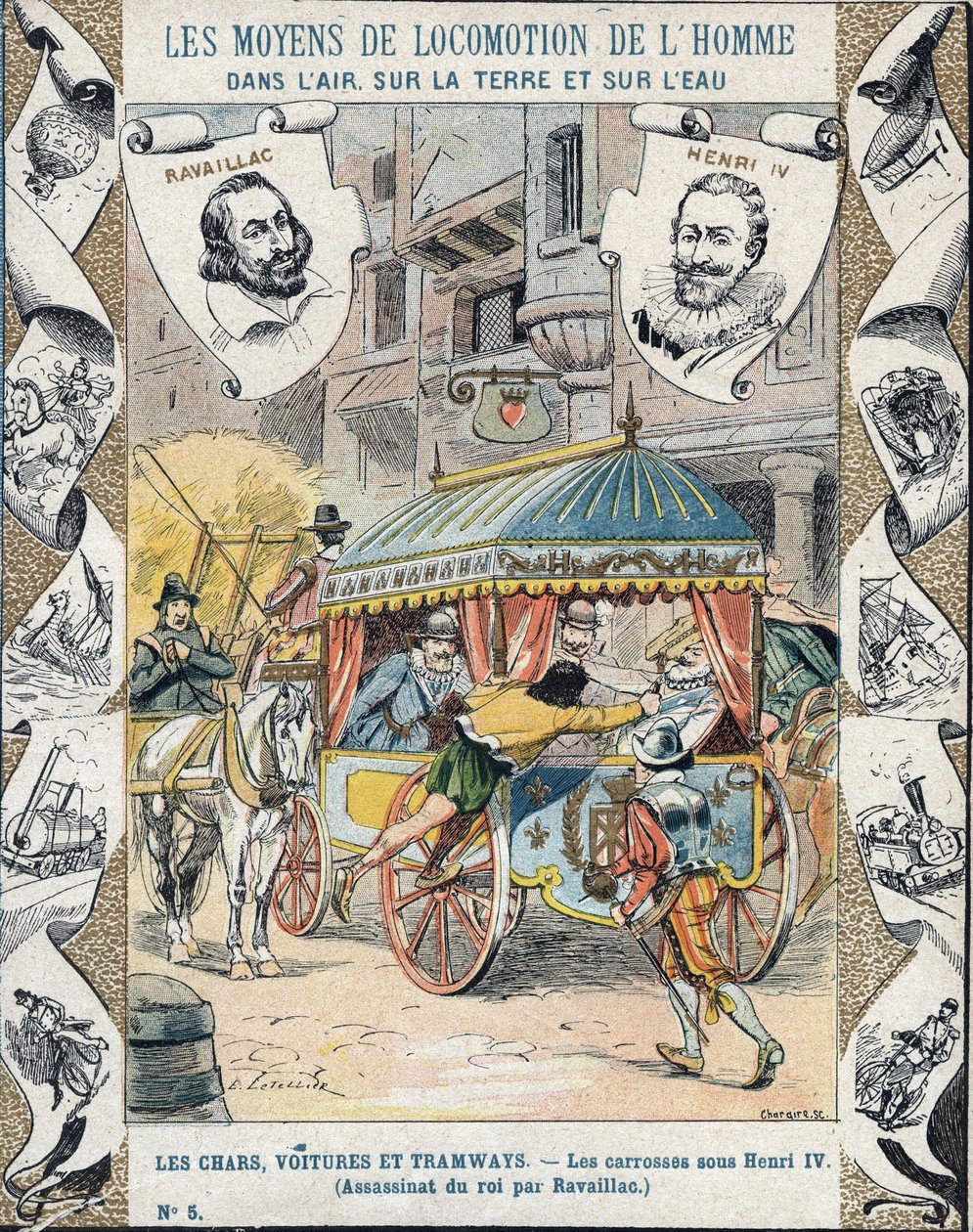 Mordet på Henri IV av Francois Ravaillac i rue de la Ferronerie den 14 maj 1610 - Från en skyddshylsa för skolböcker, sent 1800-tal - Henri IV:s död: Mordet på Henrik IV (1553 - 1610) den 14 maj 1610 av Francois Ravaillac (1 av E. Letellier