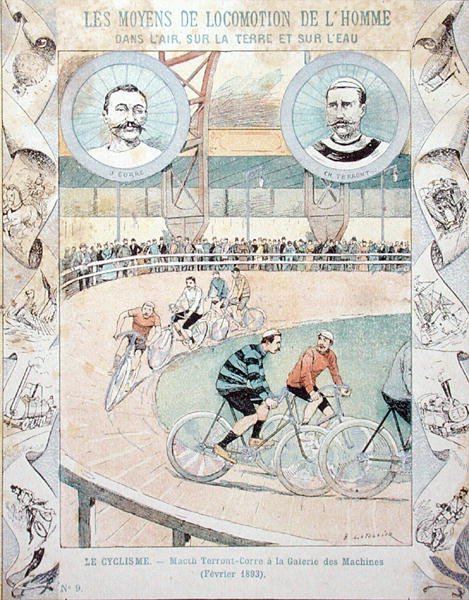 Charles Terront (1857-1932) och Jules Corre på Galerie des Machines i februari 1893, från en skolbok (lito i färg) av E. Letellier