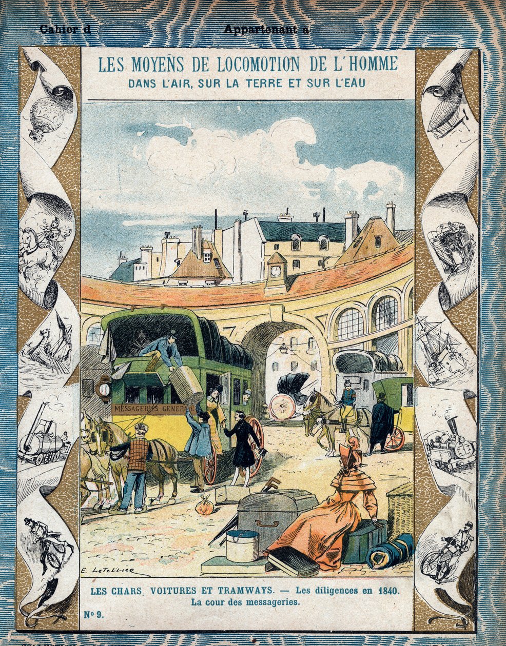 Diligence en 1840 - la cour des messageries - Diligencen 1840 - Från en skyddshylsa för skolböcker, sent 1800-tal - illustration av E. Letellier - Protege anteckningsbok historique, fin 1800-talet - av E. Letellier