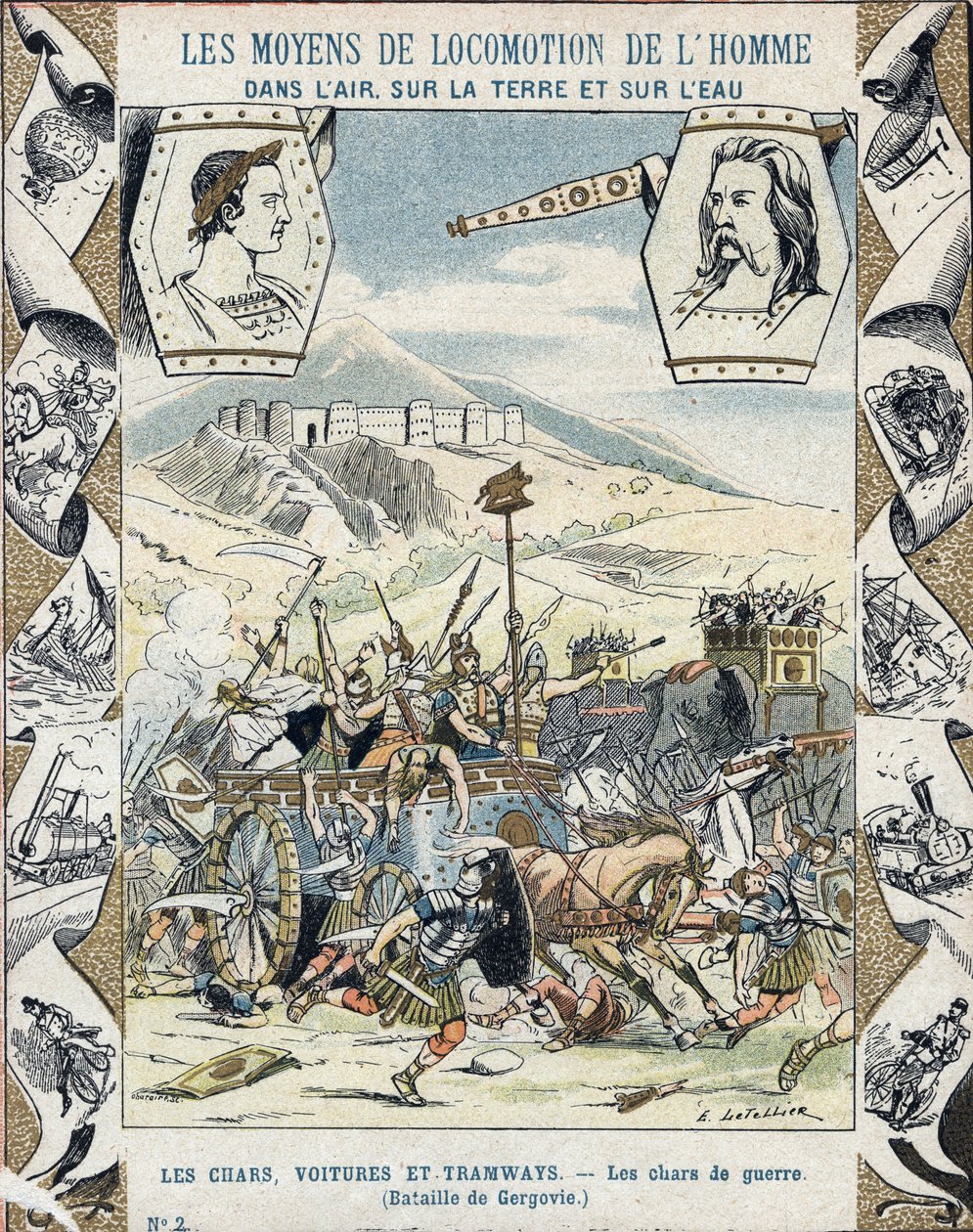 Galliska krigsvagnar vid slaget vid Gergovia - Från en skyddshylsa för skolböcker, sent 1800-tal - Tanks de guerre a faux - Vercingetorix a la battle de Gergovia (52 f.Kr.) under gallernas krig - illustration av E Letellier - Protege anteckningsbok av E. Letellier