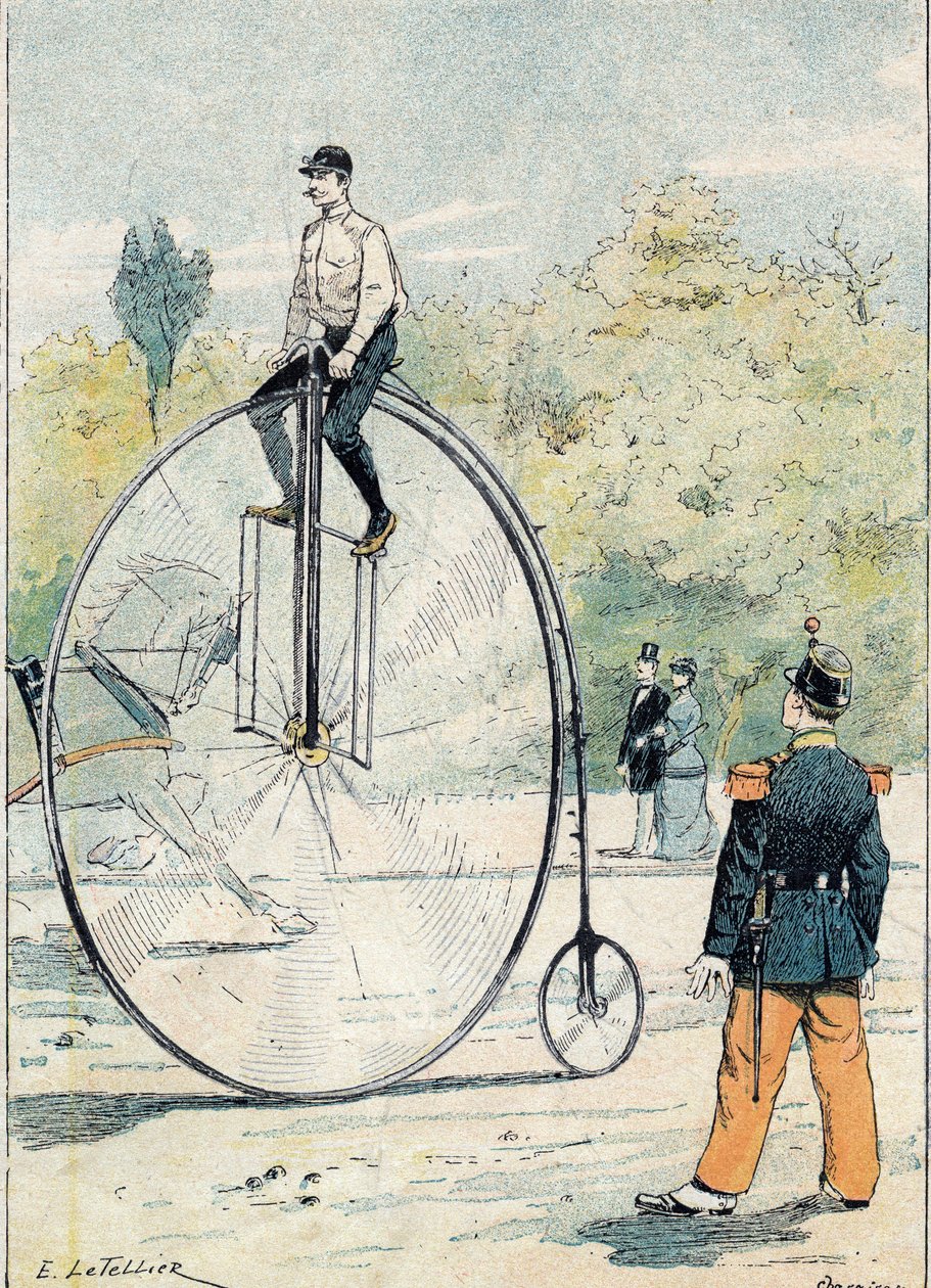 Grand bi (Grand-Bi) med framhjulsdiameter större än 1,50 m - Från en skyddshylsa för skolböcker, sent 1800-tal - illustration av E. Letellier - Protege anteckningsbok historisk, sent 1800-tal - av E. Letellier