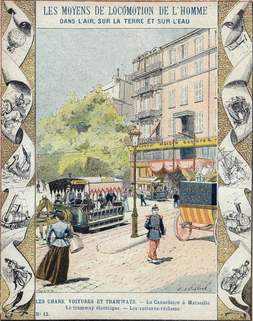 La Canebiere i Marseille - den elektriska spårvagnen - bilarna återvinner - illustration av E Letellier - Skydda historisk anteckningsbok, slutet av 1800-talet av E. Letellier