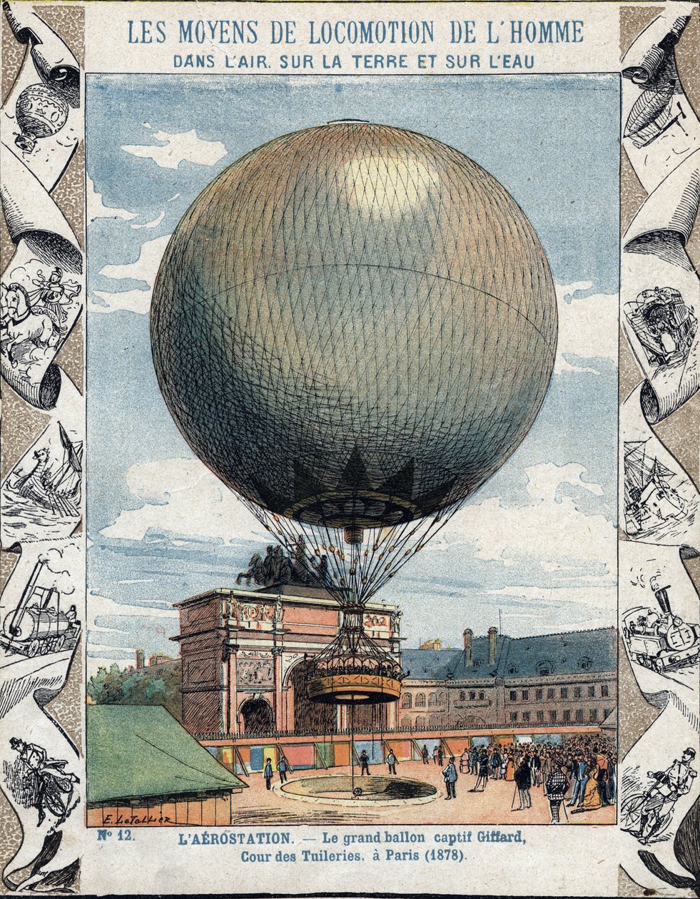 Drift av uppblåsning och utrustning av Henry Giffards ballong i fångenskap till Tuilerierna i Paris 1878 - Från en skyddshylsa för skolböcker, sent 1800-tal - illustration av E Letellier - utställning universelle de 1878 i Paris: inflation av av E. Letellier