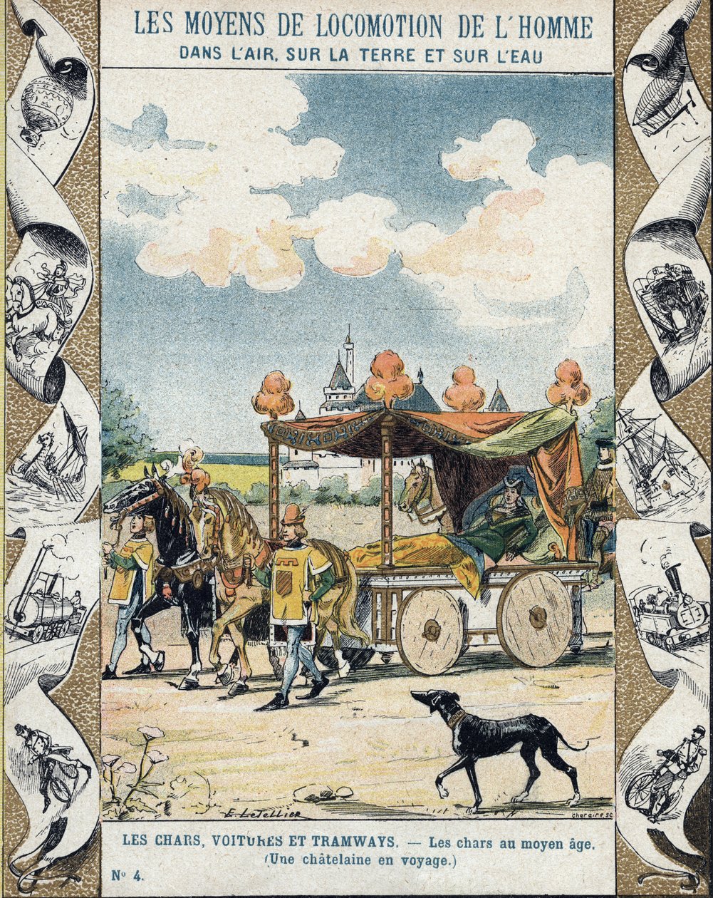 Tankar under medeltiden - A Chatelaine en voyage - illustration av E Letellier - Skyddar historisk anteckningsbok, sent 1800-tal av E. Letellier