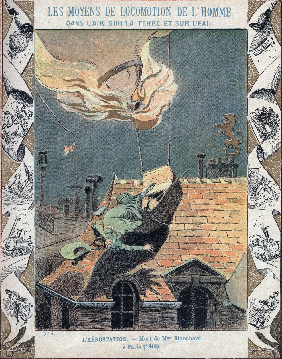 Marie Blanchards, hustru till aeronaut Jean Pierre Blanchard, död när hennes ballong fattade eld under en demonstration över Paris, 6 juni 1819 - Från en skyddshylsa för skolböcker, sent 1800-tal - Mort de Madame Blanchard - den 16 juli 1819, i av E. Letellier
