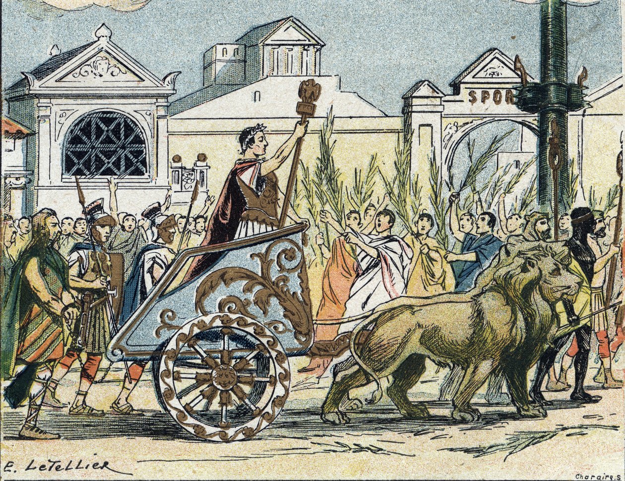 Jules Cesars (Giulio Cesare eller Caius Julius Caesar) politiker och romerska författares triumfkortege av E. Letellier