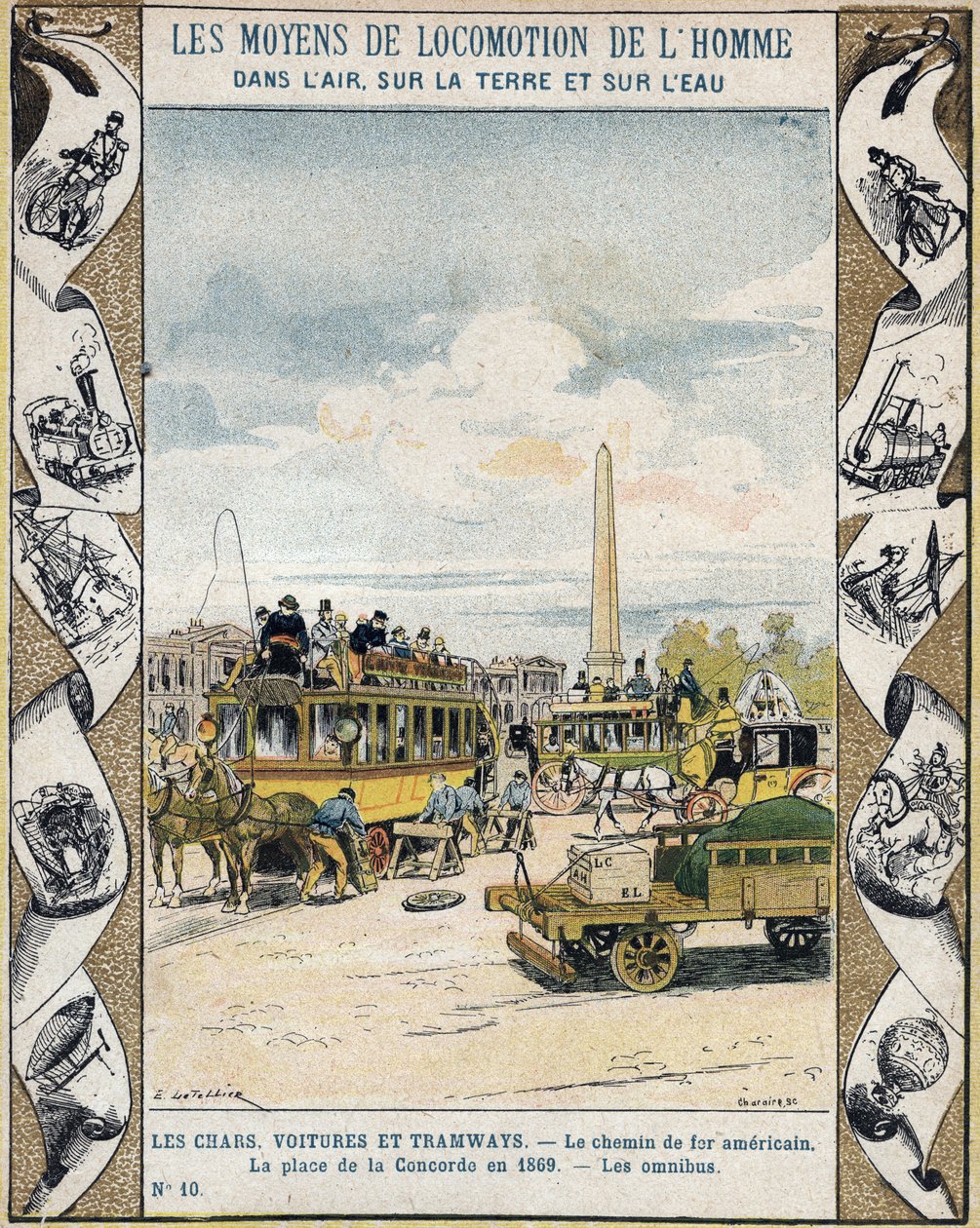 Trafik på Place de la Concorde i Paris 1869: hästdragen omnibus och "" chemin de fer americain"" (spårvägslinje) - Från en skyddshylsa för skolböcker, sent 1800-tal - Tankar, bilar och spårvägar: den amerikanska järnvägen, Place de Concorde de av E. Letellier
