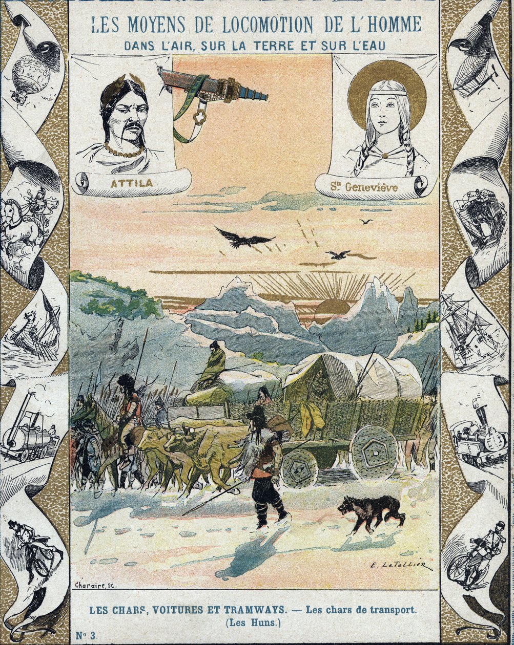 Transportstridsvagnar - Hunnerna från Attila (ca 395-453) - Barbarians invasioner - illustration av E Letellier - Skyddar historisk anteckningsbok, sent 1800-tal - av E. Letellier