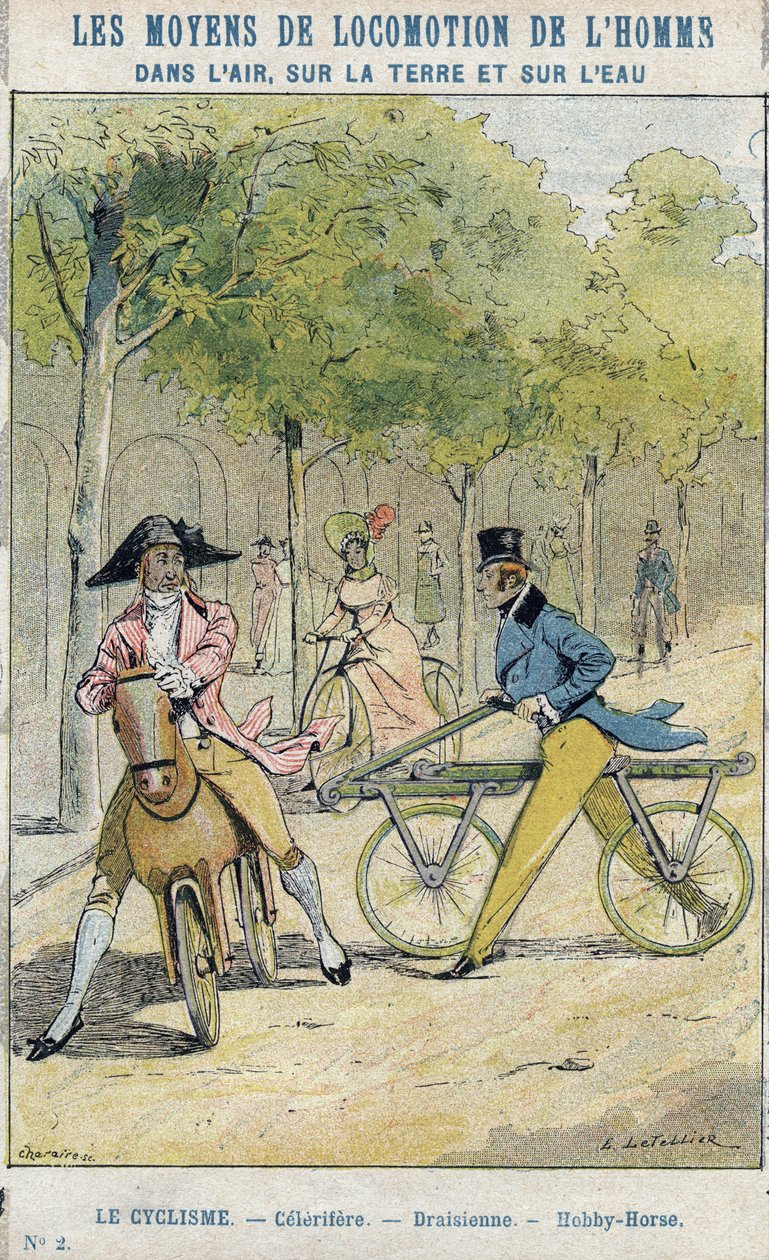 Velocipedes - Engelska celerifere - Draisienne, förfader till cykeln - Från en skyddande hylsa för skolböcker, sent 1800-tal - illustration av E Letellier - Celerifere - Draisienne - Hobby-Horse (Nobby Horse) - Skydda anteckningsbok historisk, fin 19t av E. Letellier