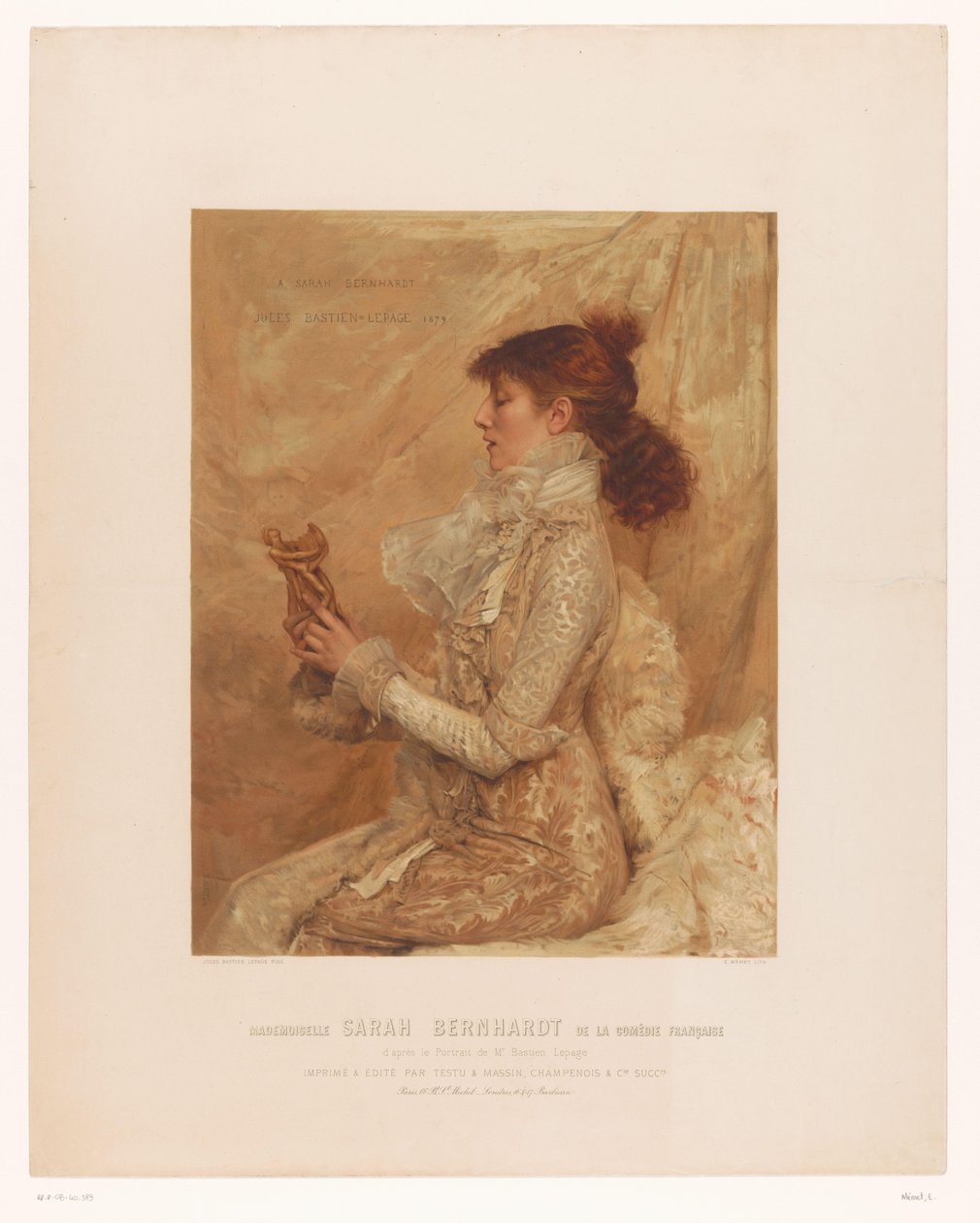 Porträtt av Sarah Bernhardt Mademoiselle Sarah Bernhardt från den franska komedin (titel på objekt) av E. Mémet