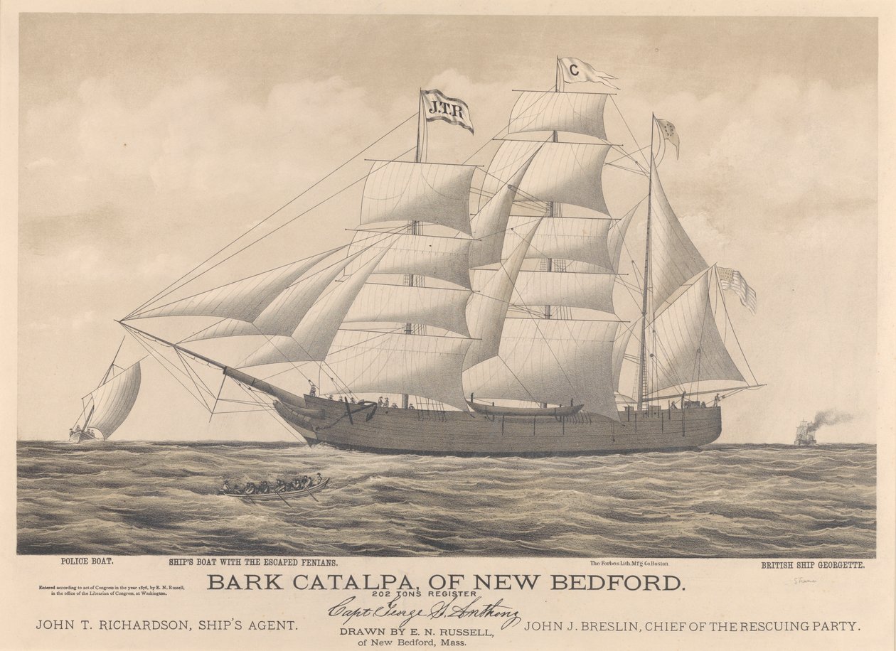 Bark Catalpa från New Bedford, polisbåt, skeppsbåt och det brittiska fartyget Georgette av E. N. Russell