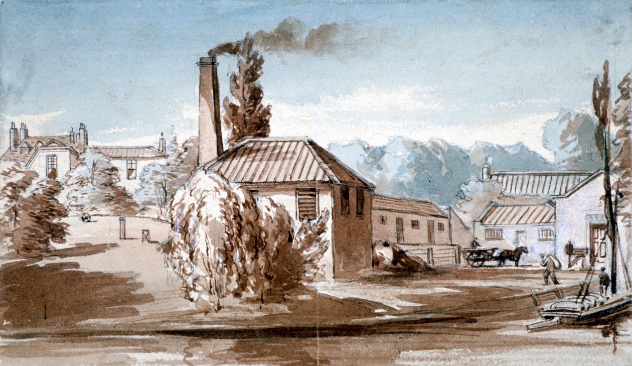 Vy över Stephenson och Giles Starch Works på Old Ford, Bow, London, c1830. av E Noyce